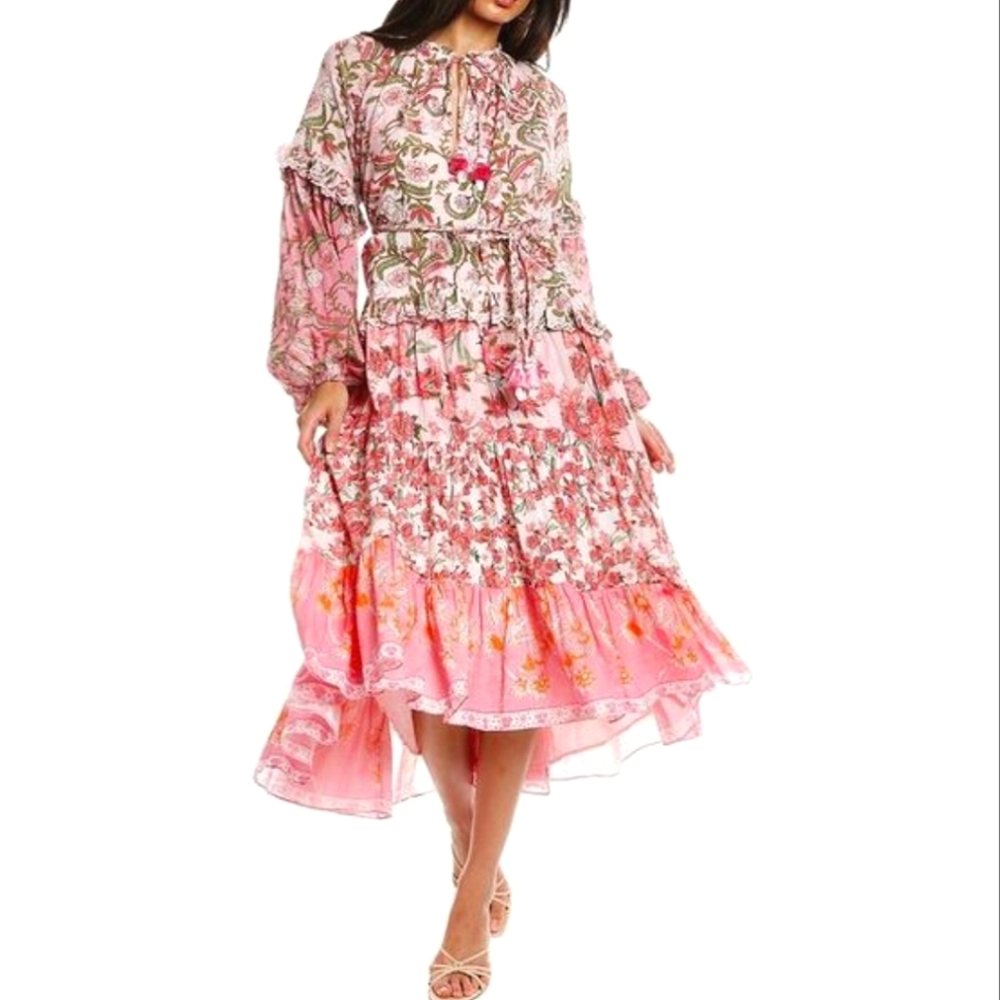 Hemant & Nandita Sidra pink floral Midi Dress in Cotton XL - Picture 2 of 11